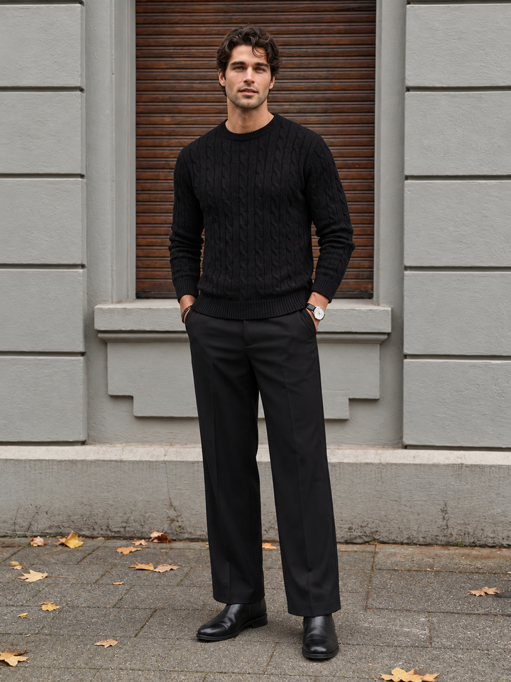 Maglione da uomo in maglia a trecce con girocollo e bordi a coste