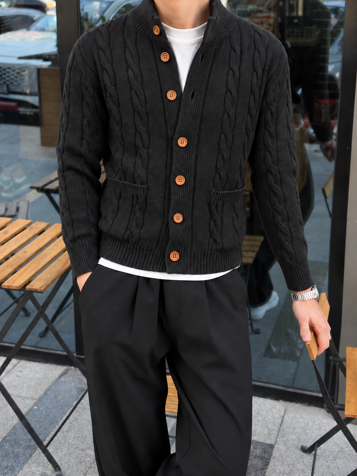 Cardigan Homme Maille Torsadée Boutonné Avec Petit Col Montant