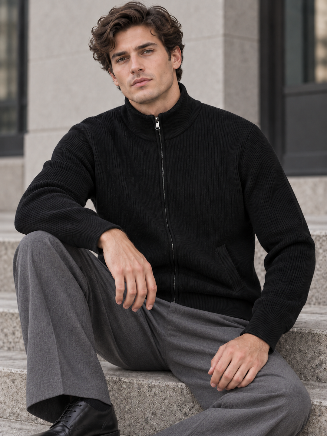 Maglione da uomo in maglia fine con zip integrale, collo rialzato e bordi a coste