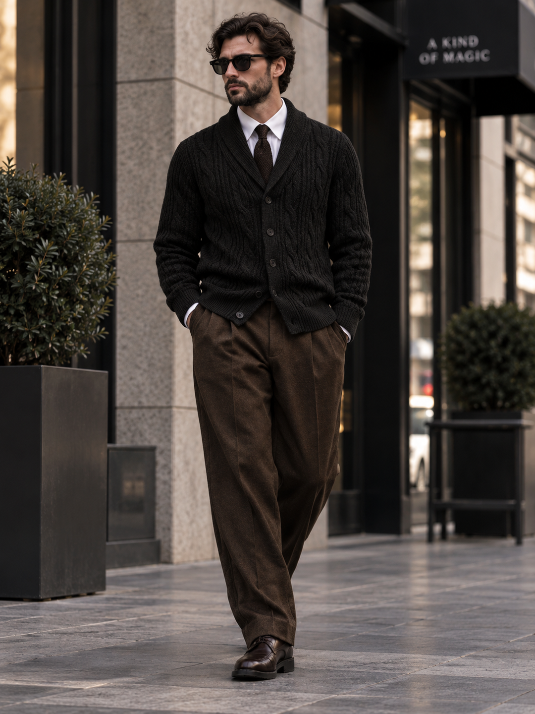 Men's cable-knit shawl-collar cardigan