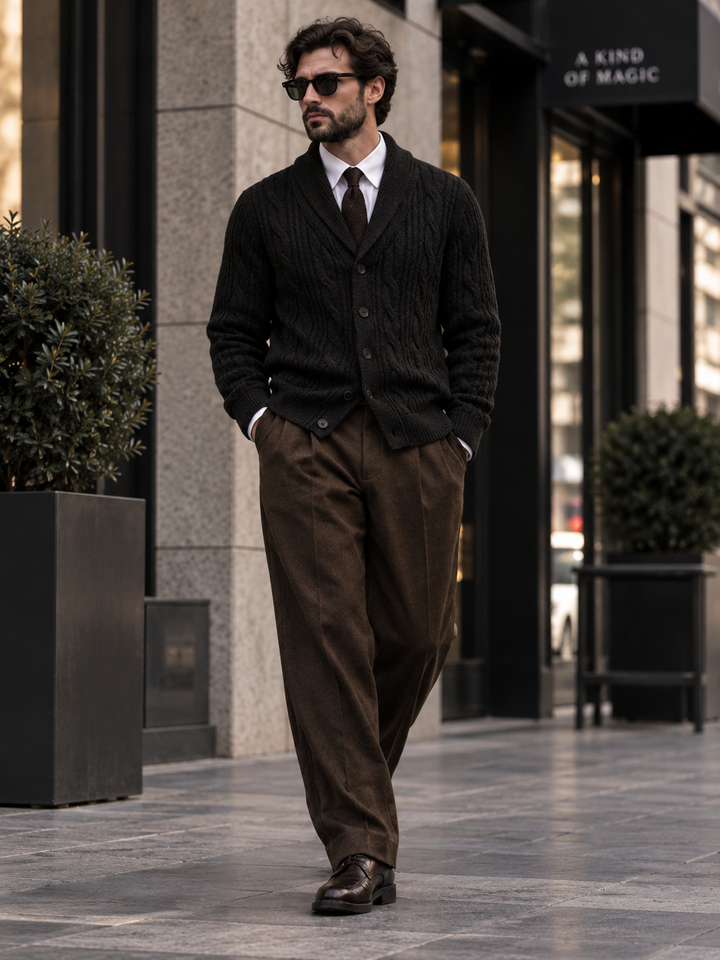 Men's cable-knit shawl-collar cardigan
