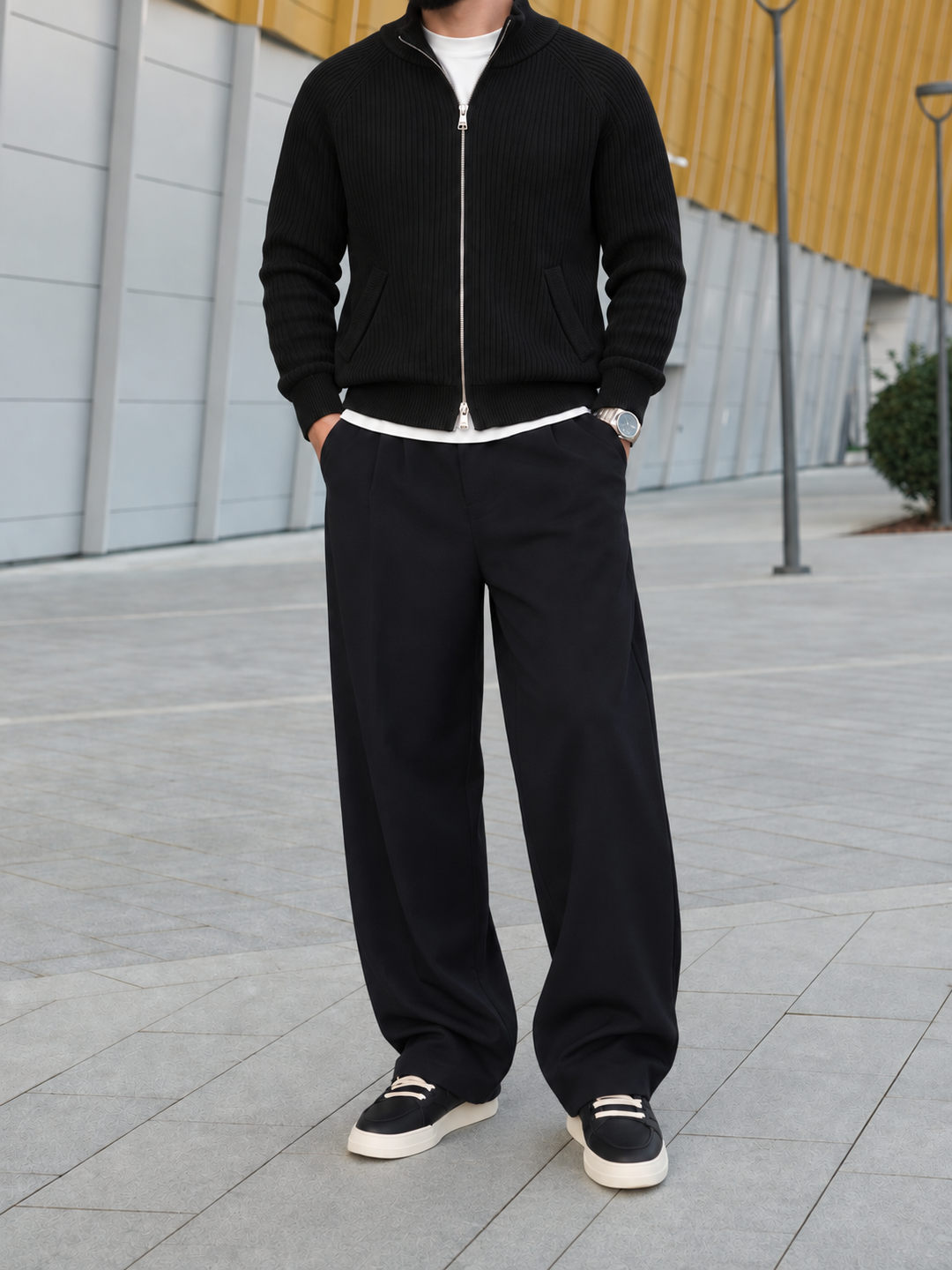 Cardigan Homme Maille Zip Intégral Col Montant Et Bords Côtelés