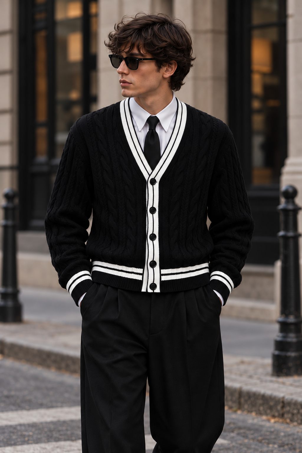 Men's V-Neck Button-Front Cardigan with Contrast Trim and Ribbed Hem