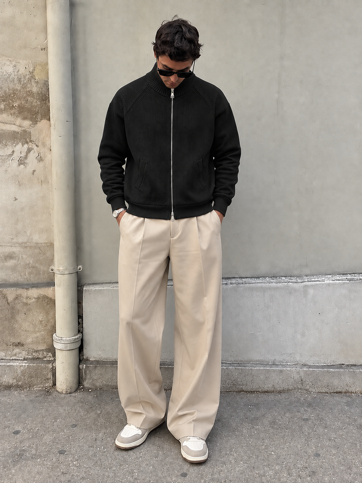 Cardigan Homme Maille Zip Intégral Col Montant Et Bords Côtelés