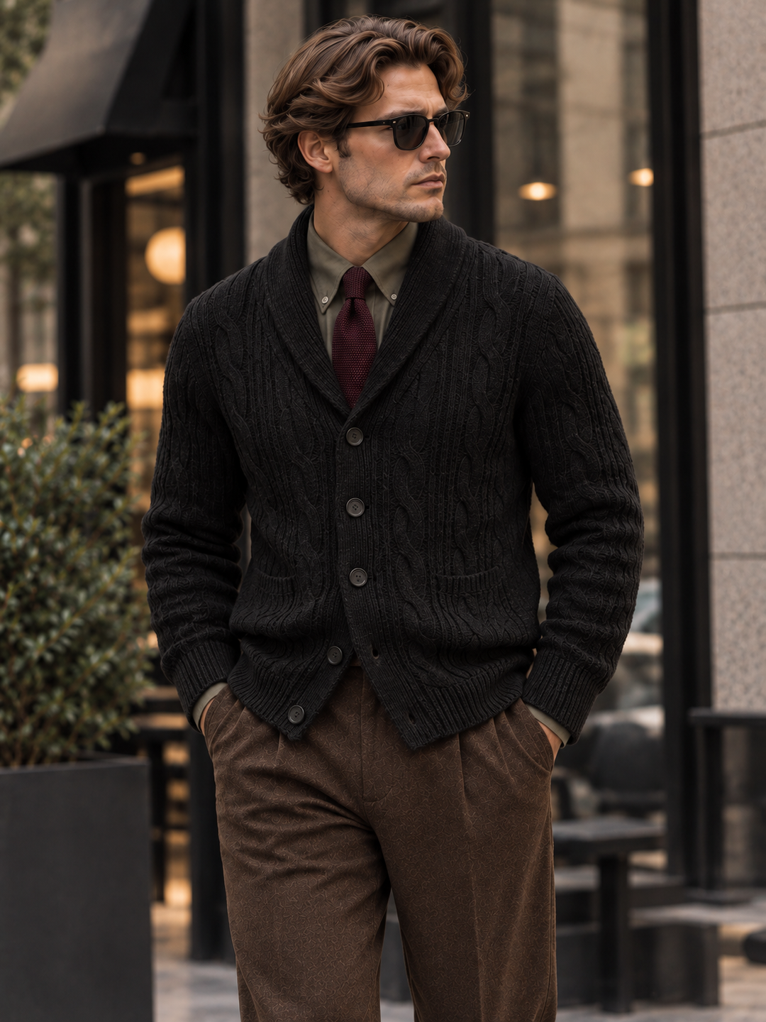 Men's cable-knit shawl-collar cardigan
