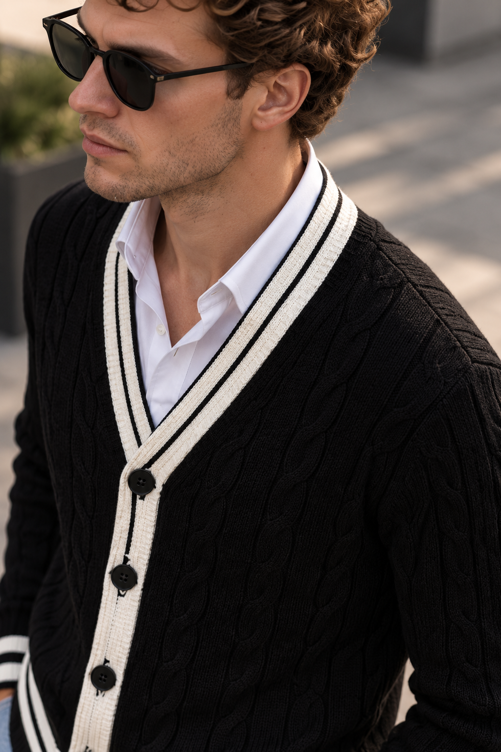 Men's V-Neck Button-Front Cardigan with Contrast Trim and Ribbed Hem