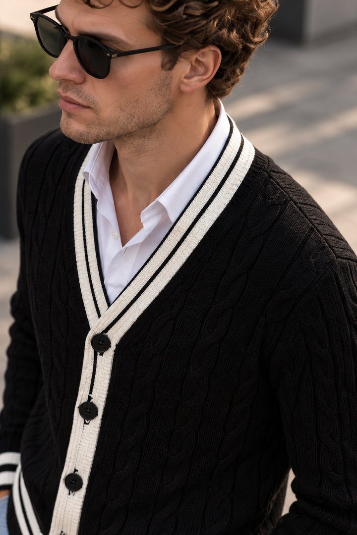 Men's V-Neck Button-Front Cardigan with Contrast Trim and Ribbed Hem