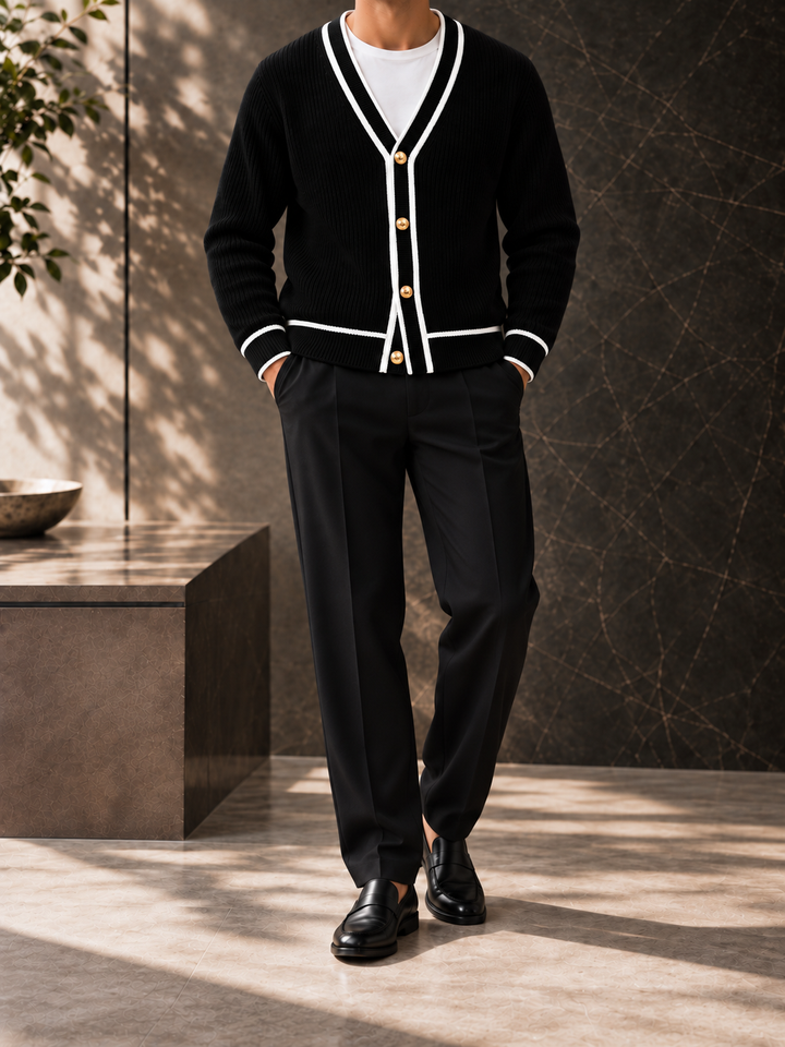 Cardigan Homme Col V Côtelé Avec Bordure Contrastante Et Boutons Dorés