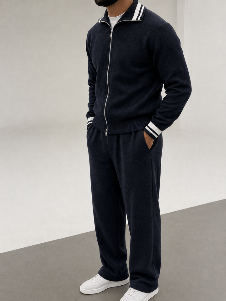 Ensemble En Maille Homme Zip Integral Col Contrasté Et Pantalon
