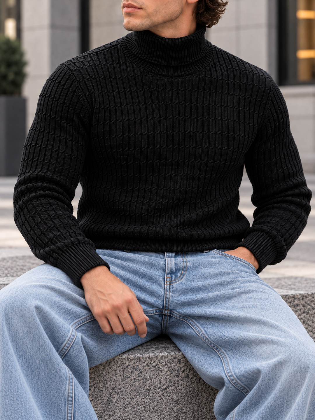 Pull Col Roulé Homme Côtes Verticales En Maille