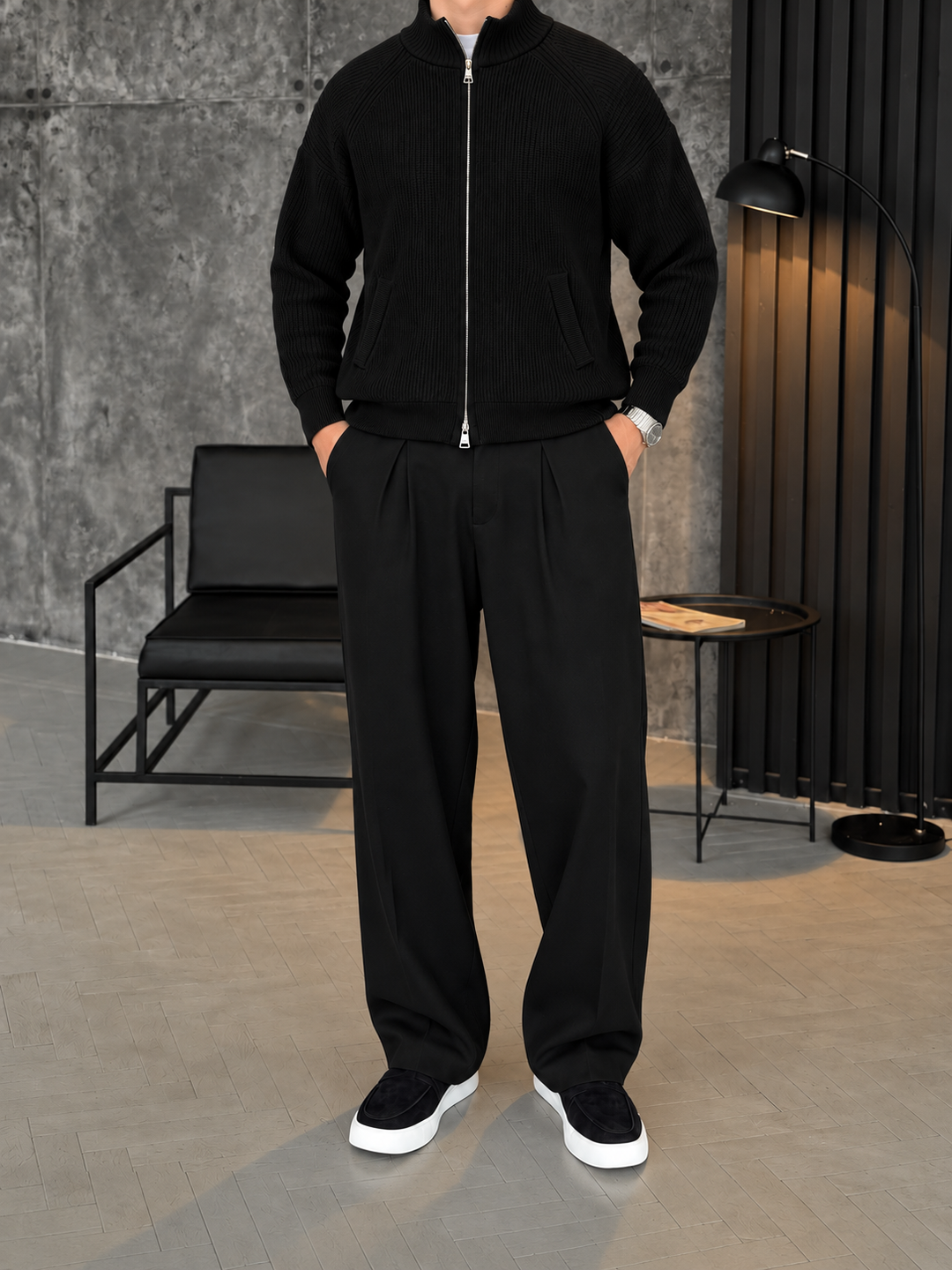 Cardigan Homme Maille Zip Intégral Col Montant Et Bords Côtelés