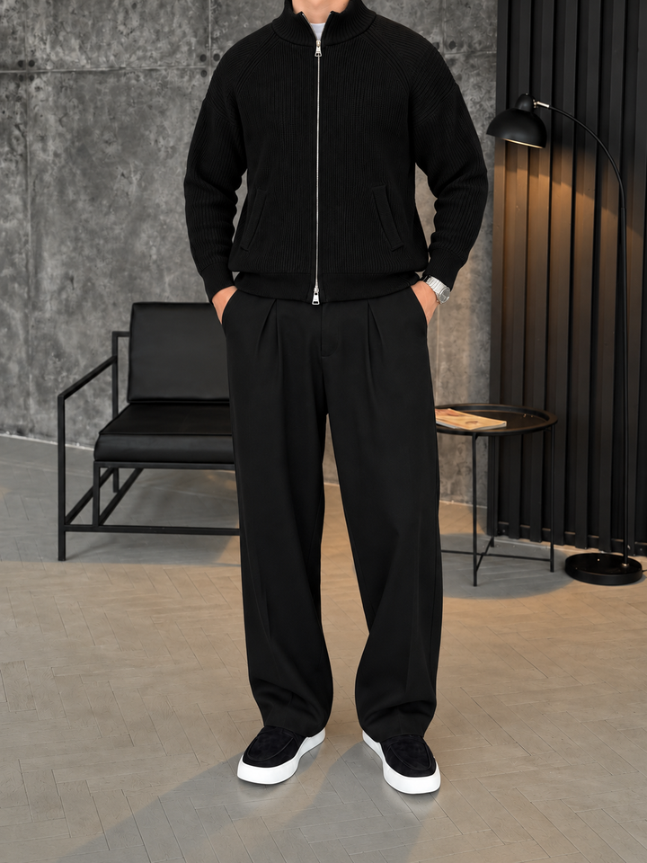 Cardigan Homme Maille Zip Intégral Col Montant Et Bords Côtelés