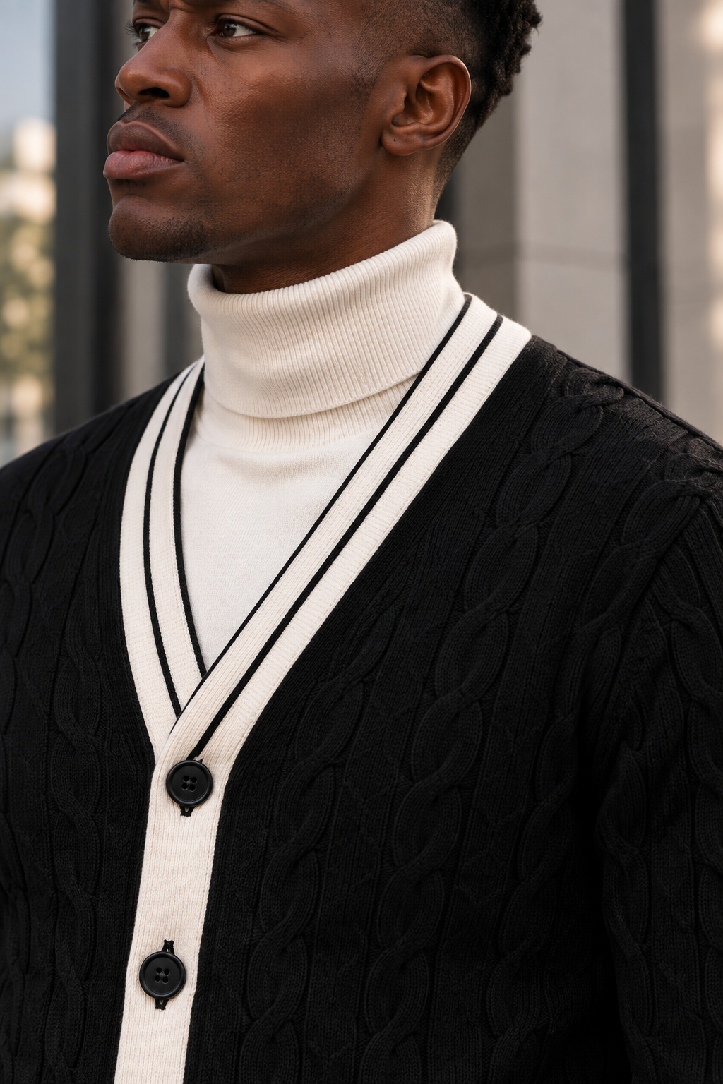 Men's V-Neck Button-Front Cardigan with Contrast Trim and Ribbed Hem