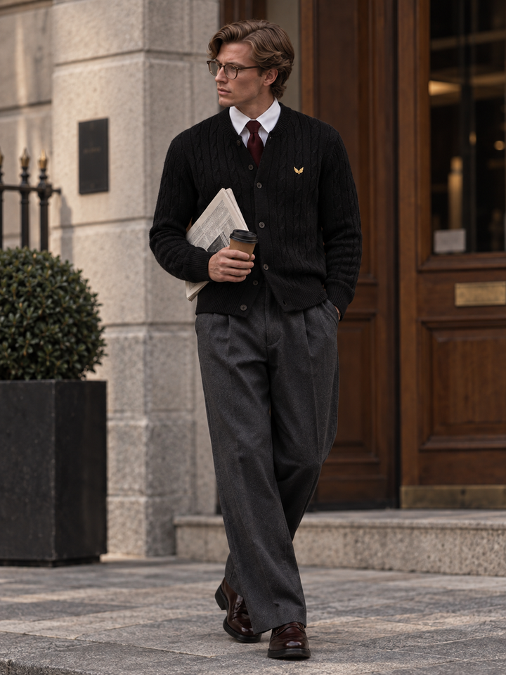 Cardigan da uomo abbottonato in maglia intrecciata