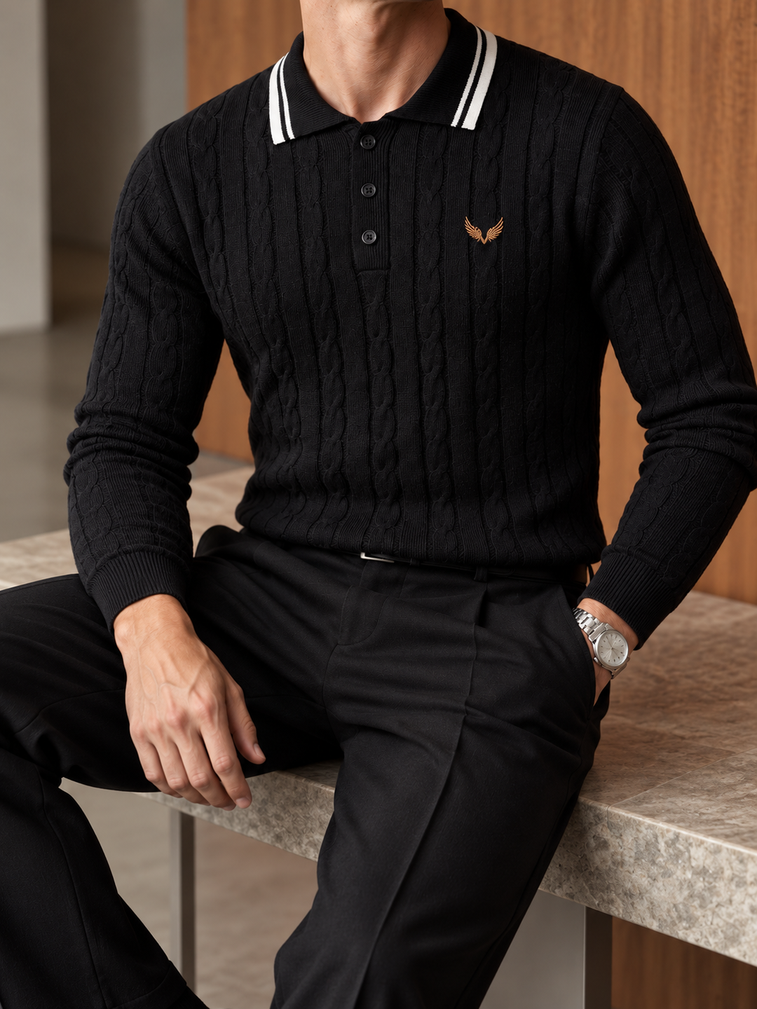 Pull Homme Col Polo Maille Torsadée Avec Liseré Contrastant