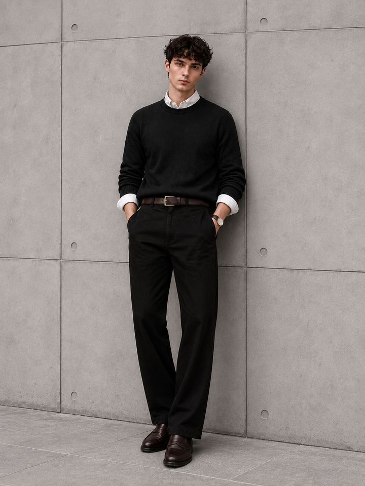 Pullover da uomo in maglia tinta unita con scollo rotondo e bordi a coste
