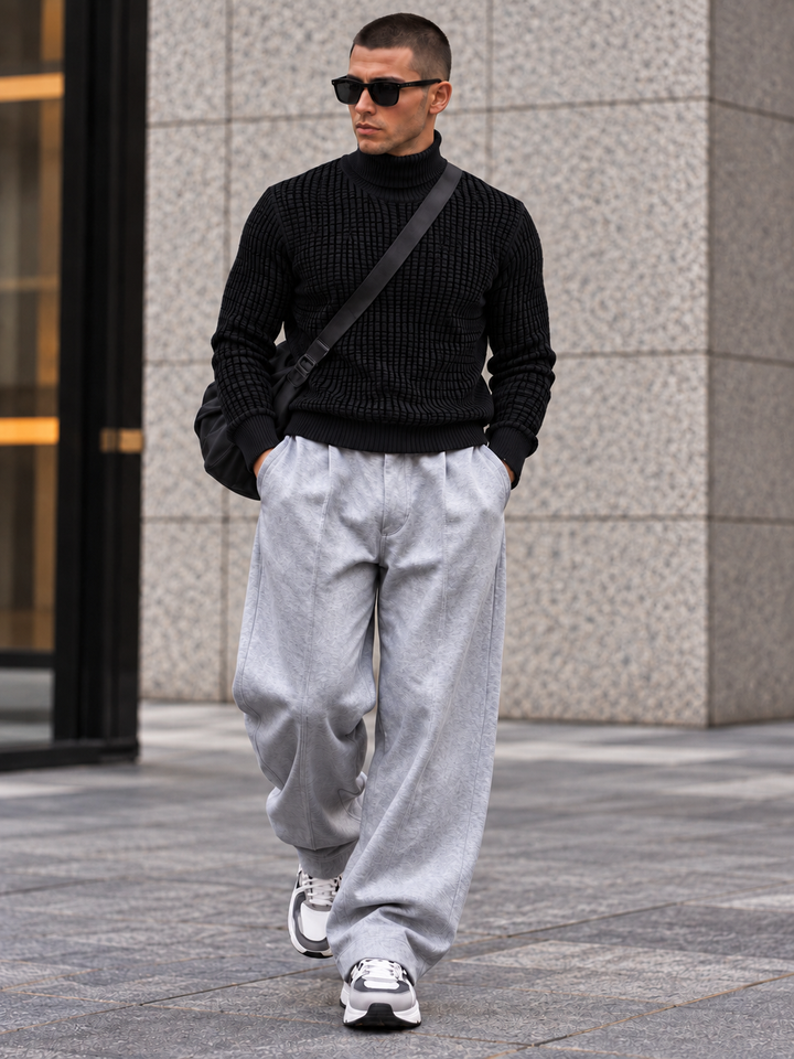 Pull Col Roulé Homme Côtes Verticales En Maille