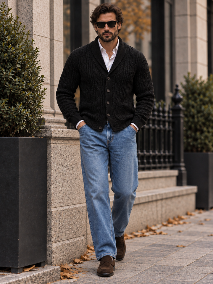 Men's cable-knit shawl-collar cardigan