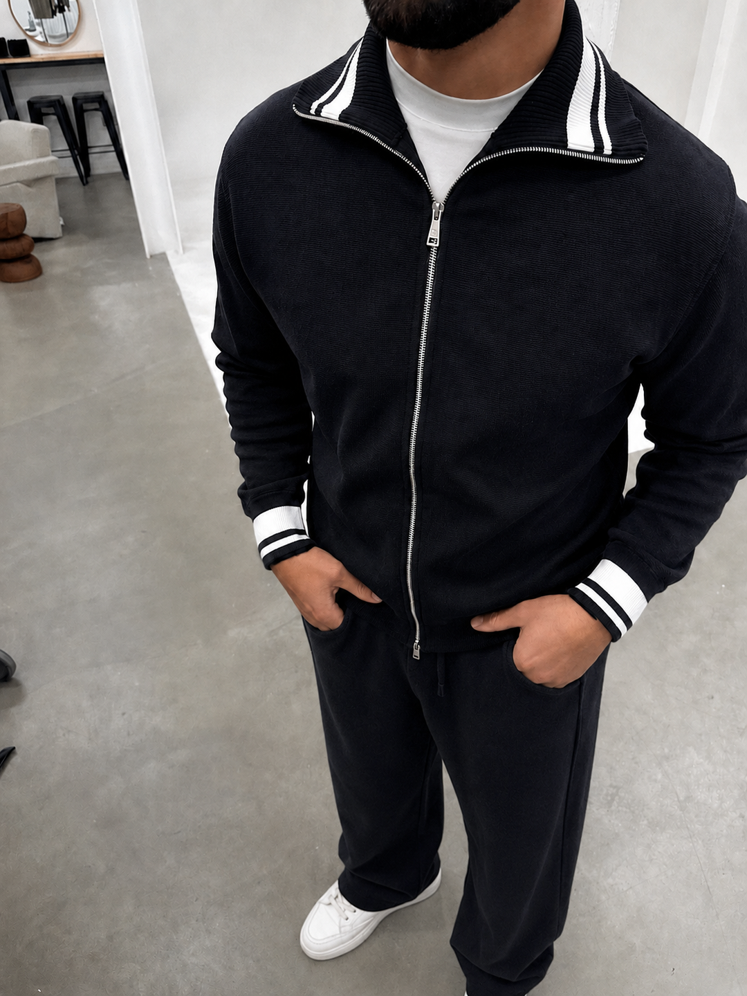 Ensemble En Maille Homme Zip Integral Col Contrasté Et Pantalon