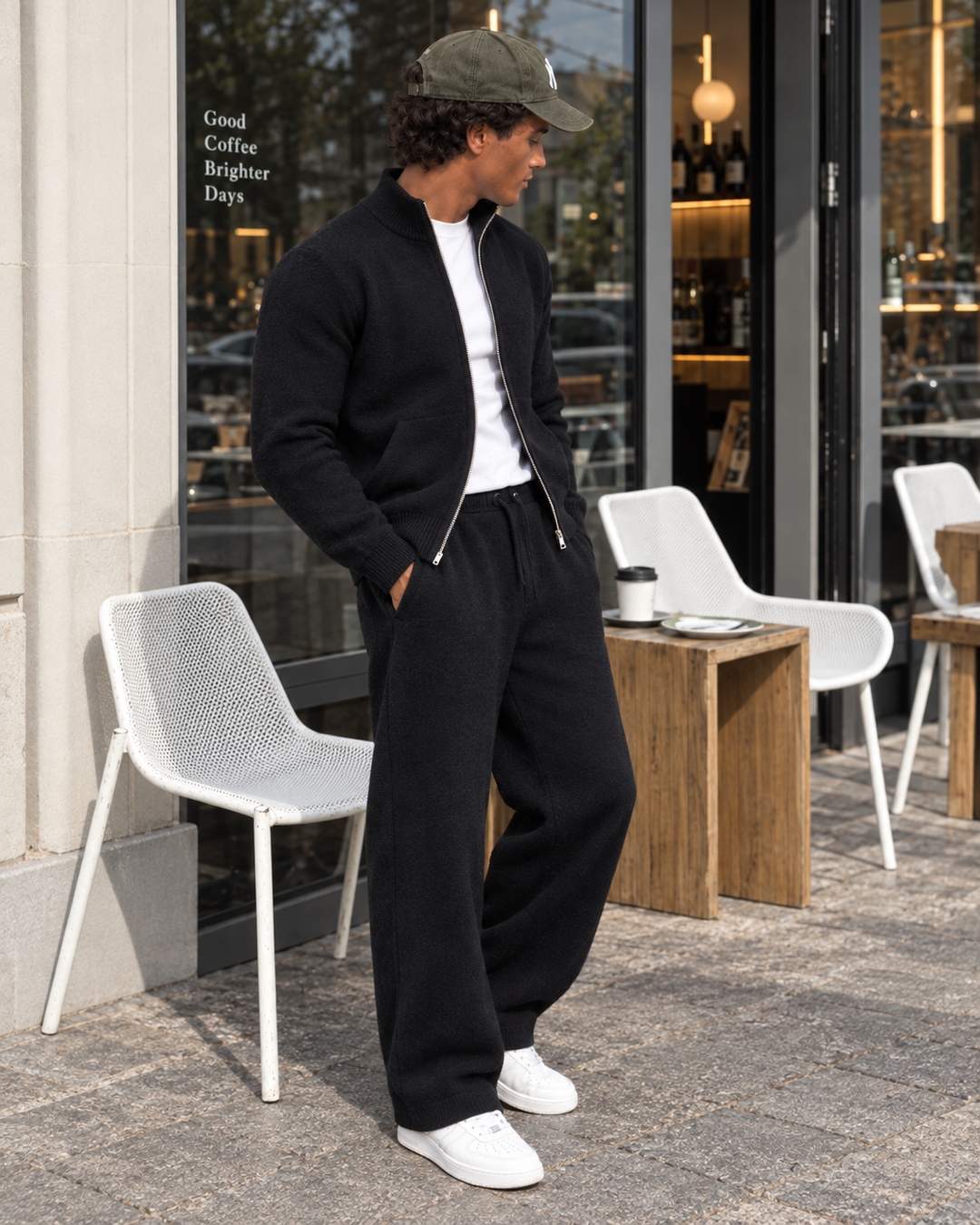 Ensemble En Maille Homme Col Montant Zippé Et Pantalon Droit