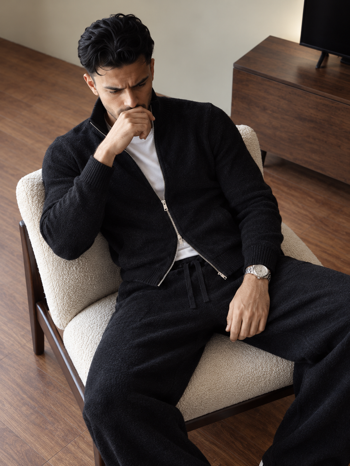 Ensemble En Maille Homme Col Montant Zippé Et Pantalon Droit