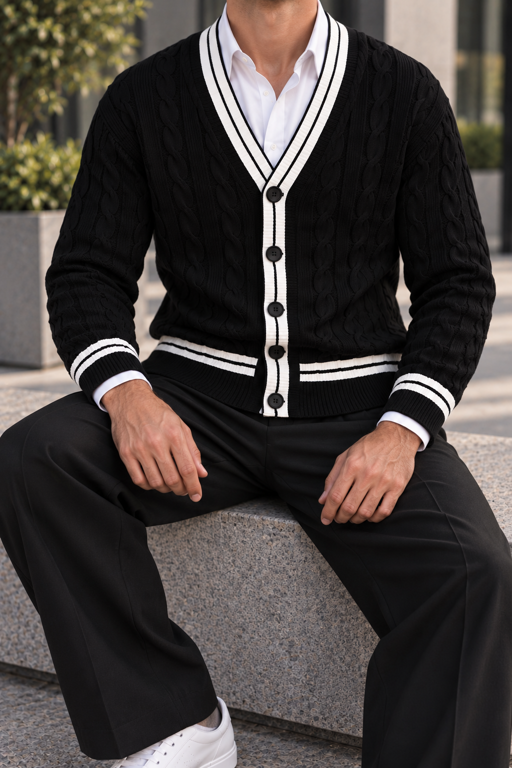 Men's V-Neck Button-Front Cardigan with Contrast Trim and Ribbed Hem