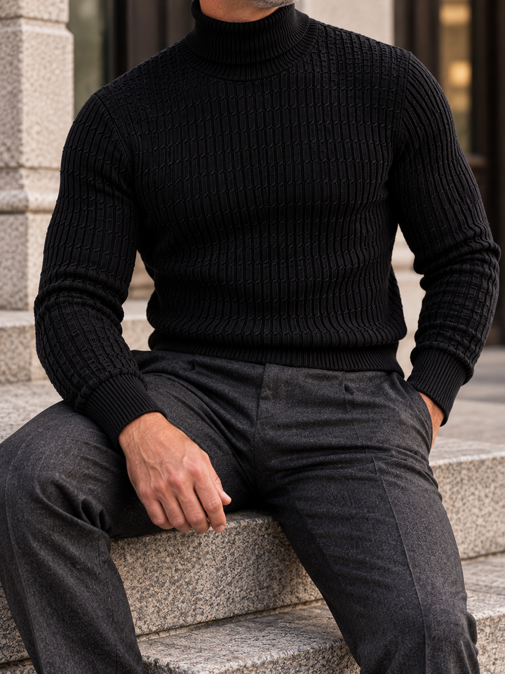 Pull Col Roulé Homme Côtes Verticales En Maille