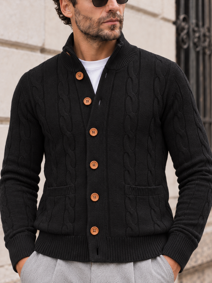 Cardigan Homme Maille Torsadée Boutonné Avec Petit Col Montant
