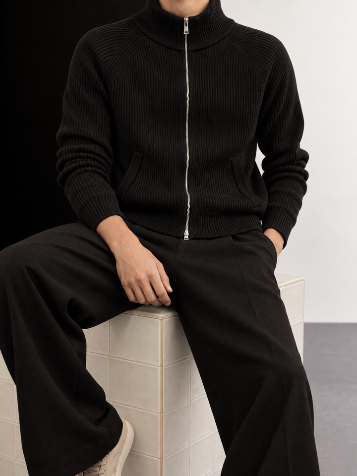 Cardigan Homme Maille Zip Intégral Col Montant Et Bords Côtelés