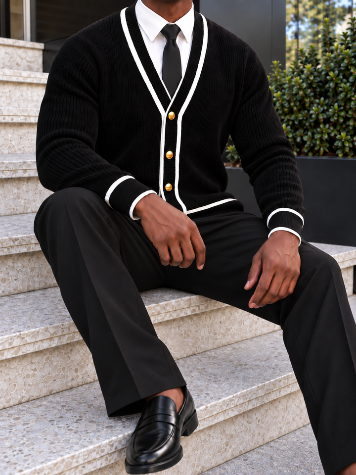 Cardigan Homme Col V Côtelé Avec Bordure Contrastante Et Boutons Dorés