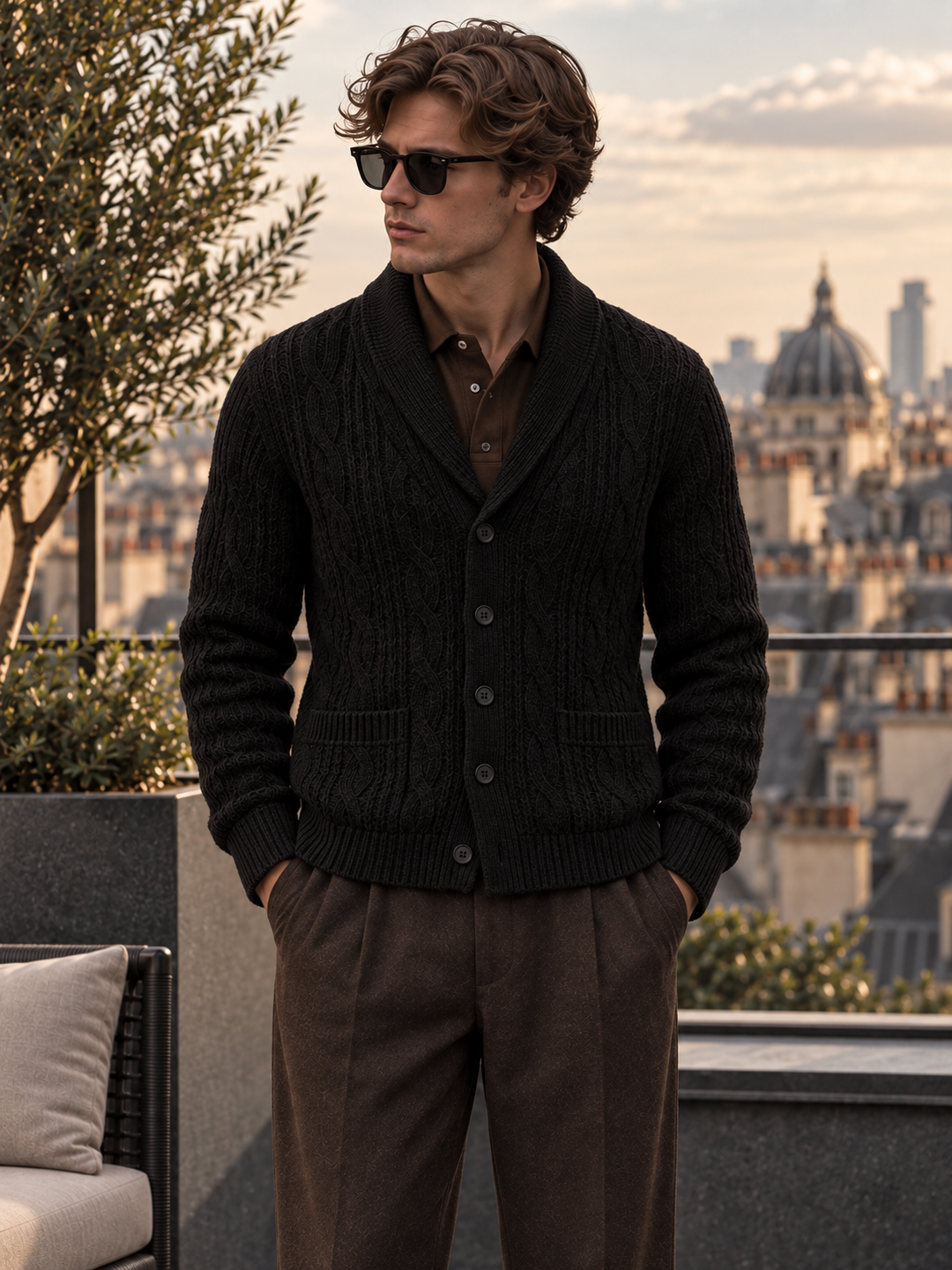 Men's cable-knit shawl-collar cardigan