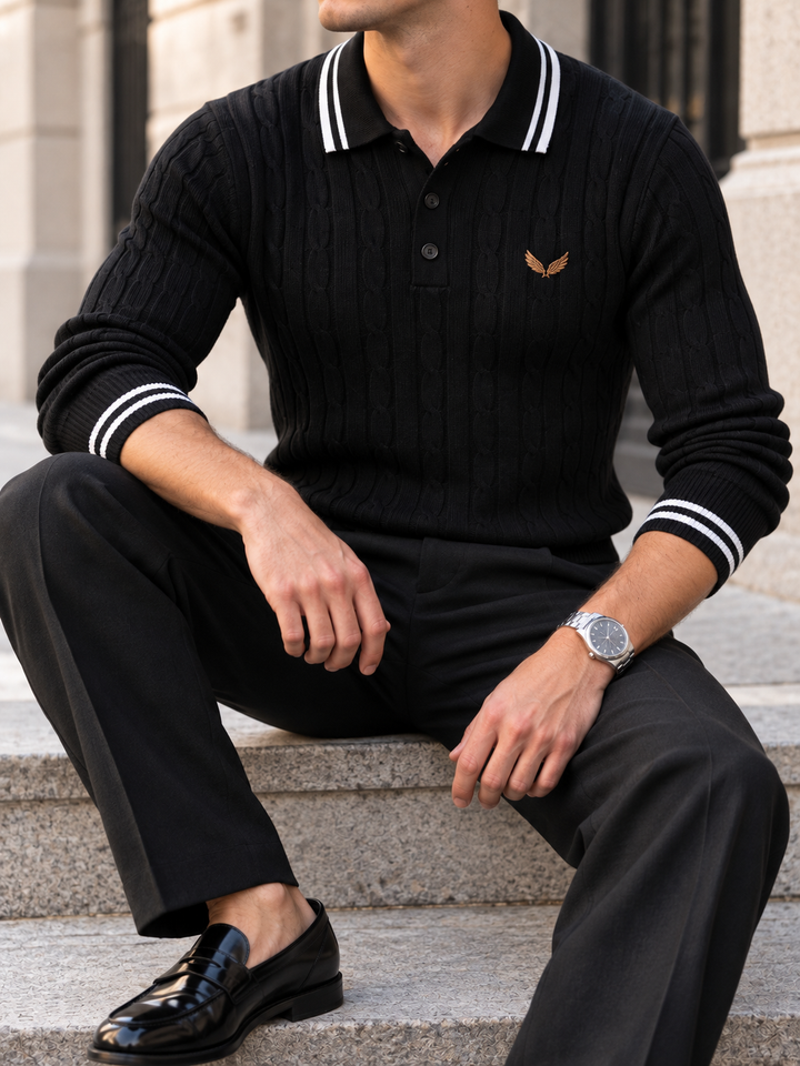 Pull Homme Col Polo Maille Torsadée Avec Liseré Contrastant