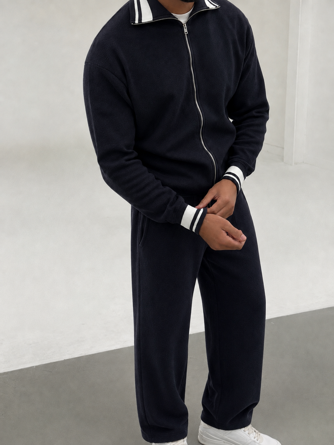 Ensemble En Maille Homme Zip Integral Col Contrasté Et Pantalon