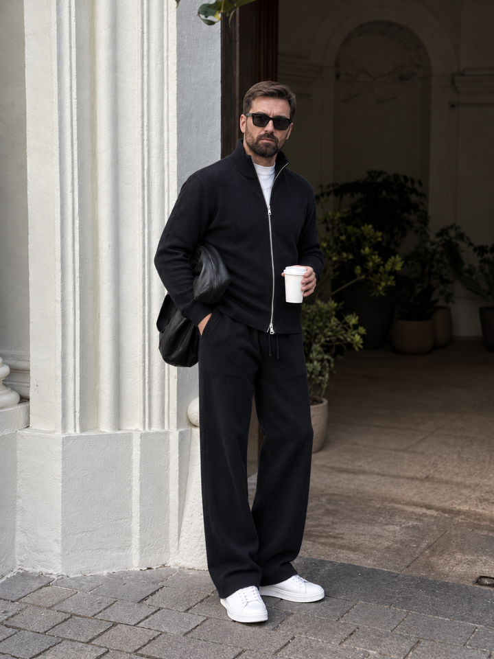 Ensemble En Maille Homme Col Montant Zippé Et Pantalon Droit