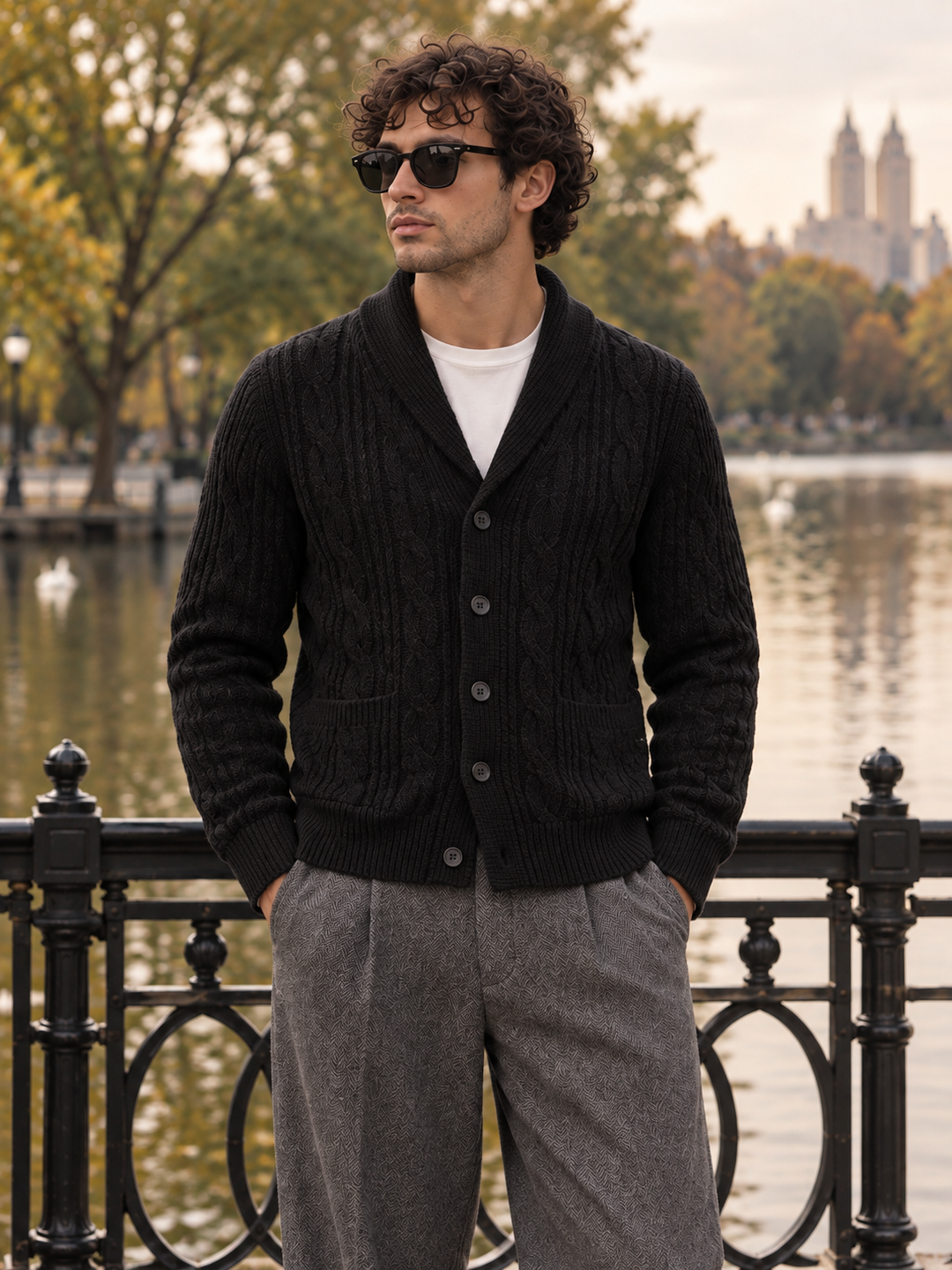Men's cable-knit shawl-collar cardigan