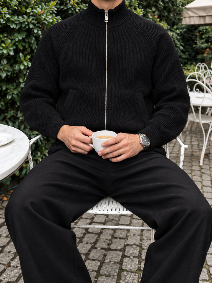 Cardigan Homme Maille Zip Intégral Col Montant Et Bords Côtelés