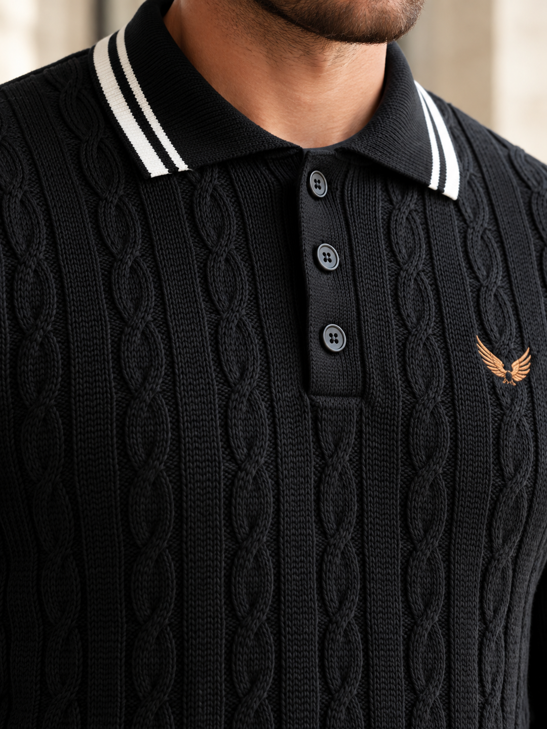 Pull Homme Col Polo Maille Torsadée Avec Liseré Contrastant