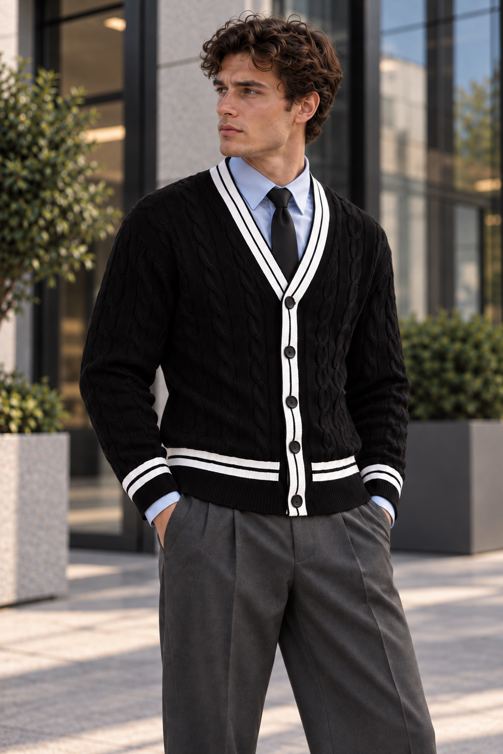 Men's V-Neck Button-Front Cardigan with Contrast Trim and Ribbed Hem
