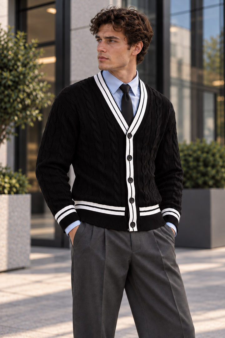 Men's V-Neck Button-Front Cardigan with Contrast Trim and Ribbed Hem