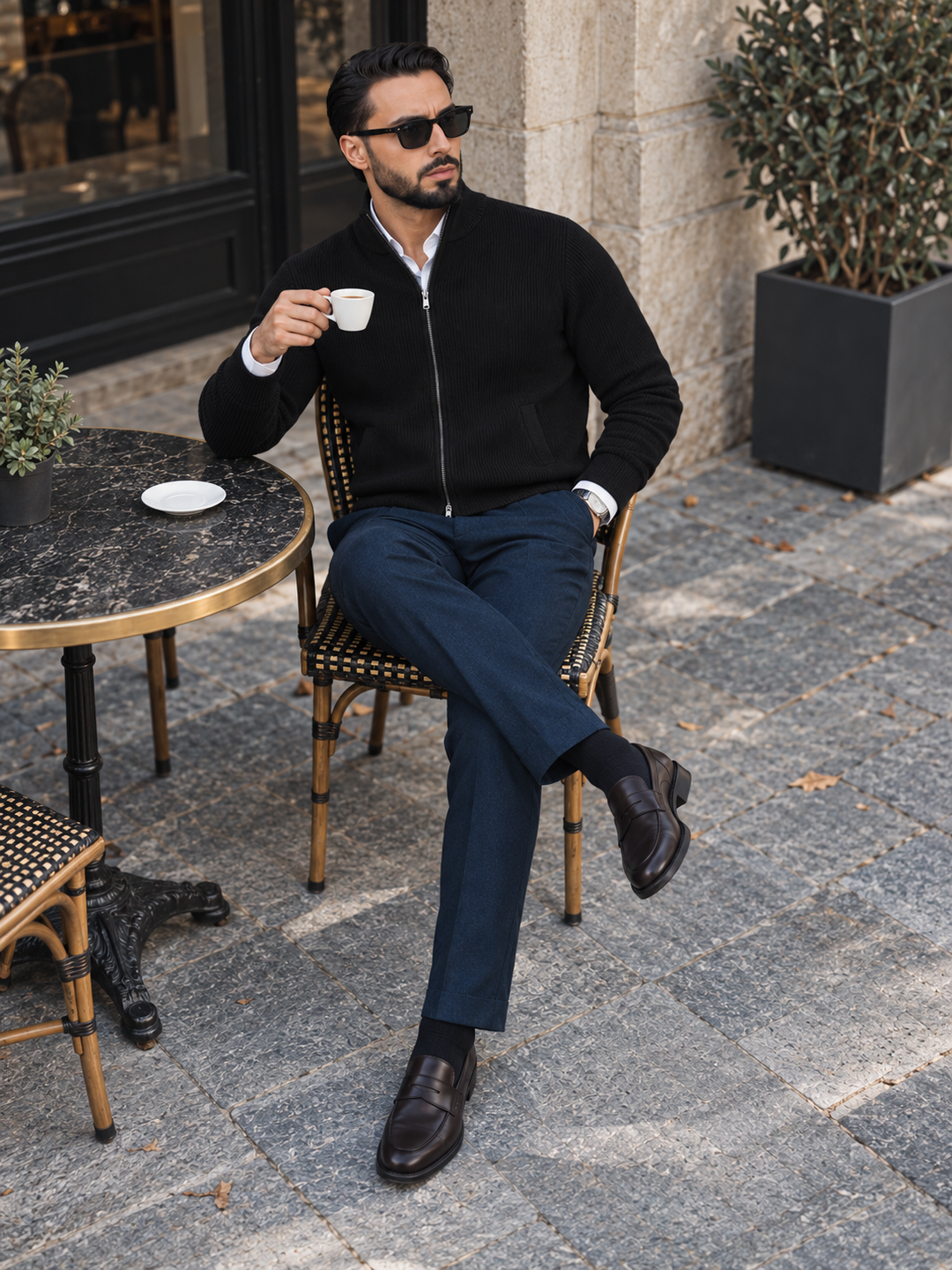 Maglione da uomo in maglia fine con zip integrale, collo rialzato e bordi a coste