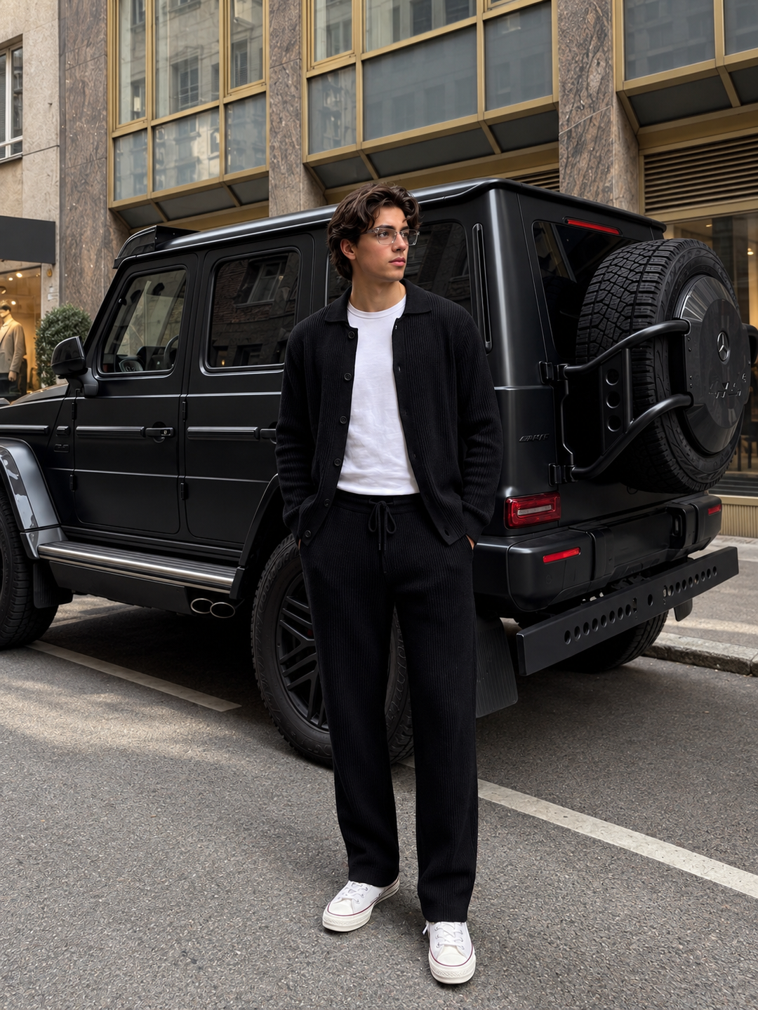 Ensemble Maille Homme Veste Boutonnée Col Côtelé Et Pantalon Droit