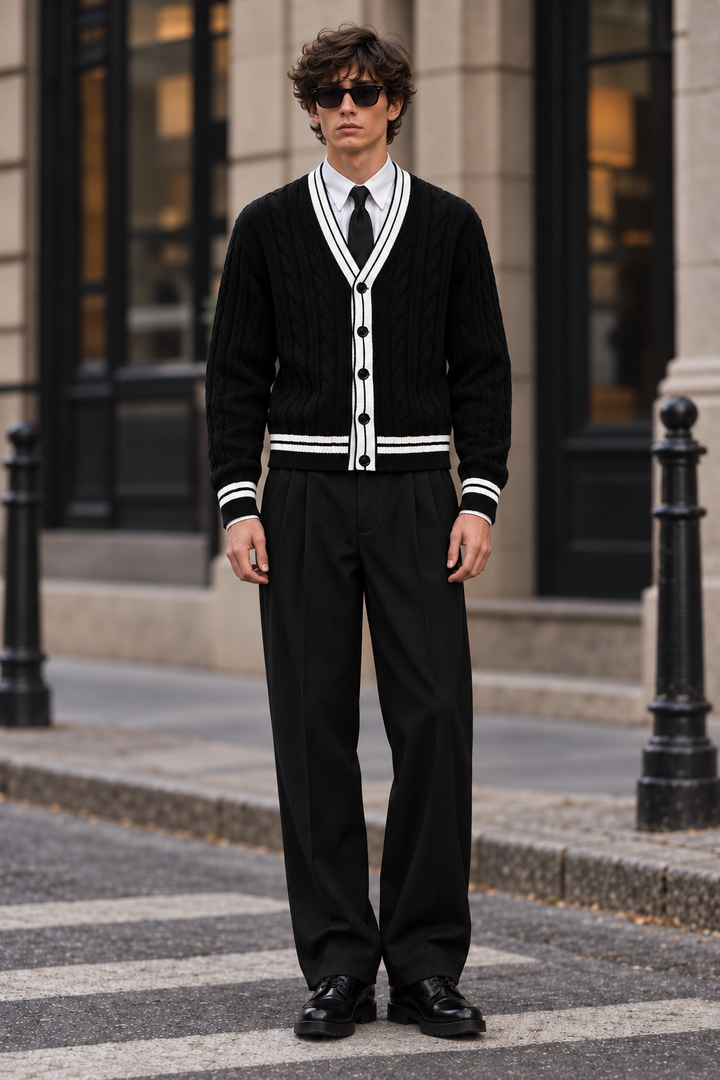 Men's V-Neck Button-Front Cardigan with Contrast Trim and Ribbed Hem