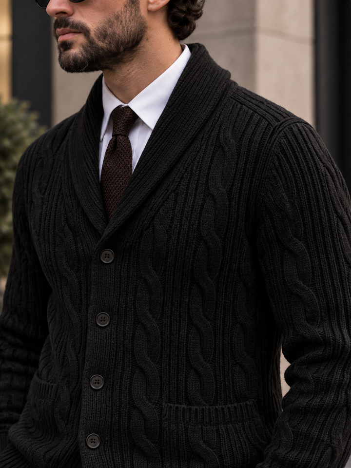 Men's cable-knit shawl-collar cardigan