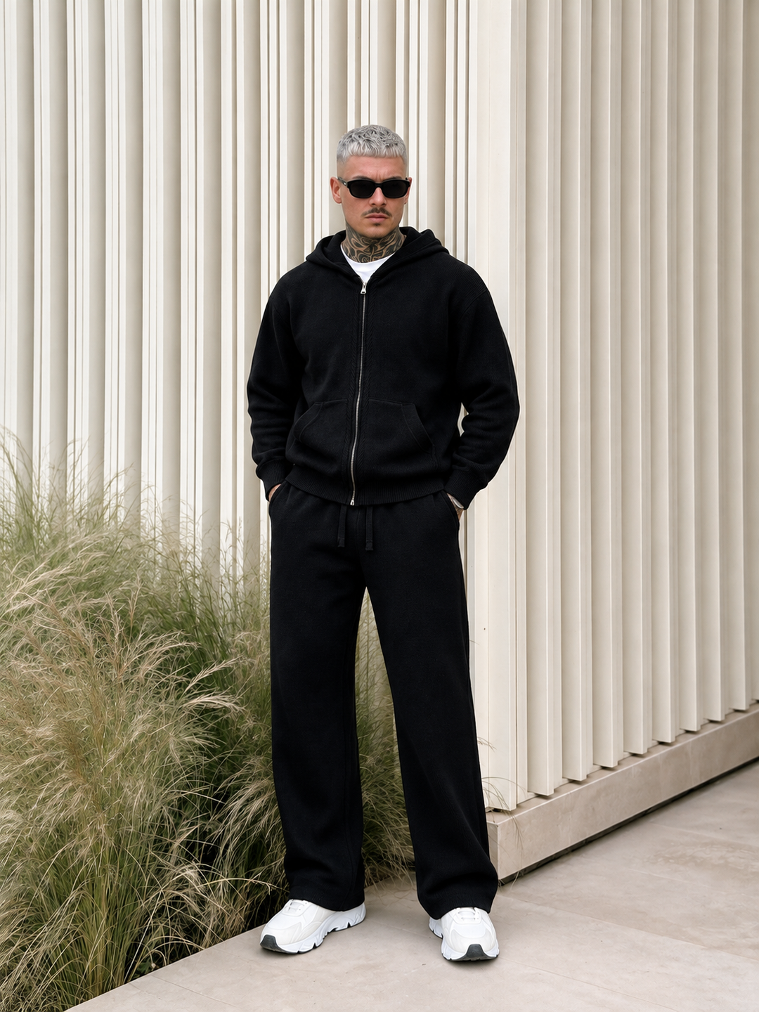 Ensemble Maille Homme Capuche Tricotée Zip Intégral Et Pantalon Droit