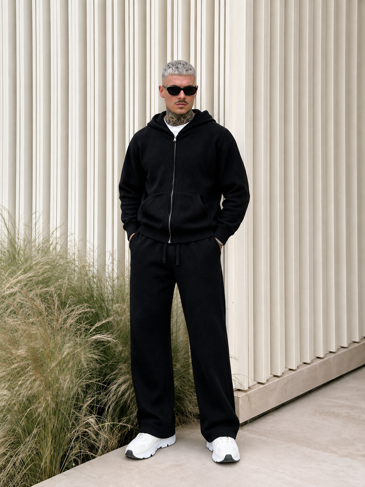Ensemble Maille Homme Capuche Tricotée Zip Intégral Et Pantalon Droit