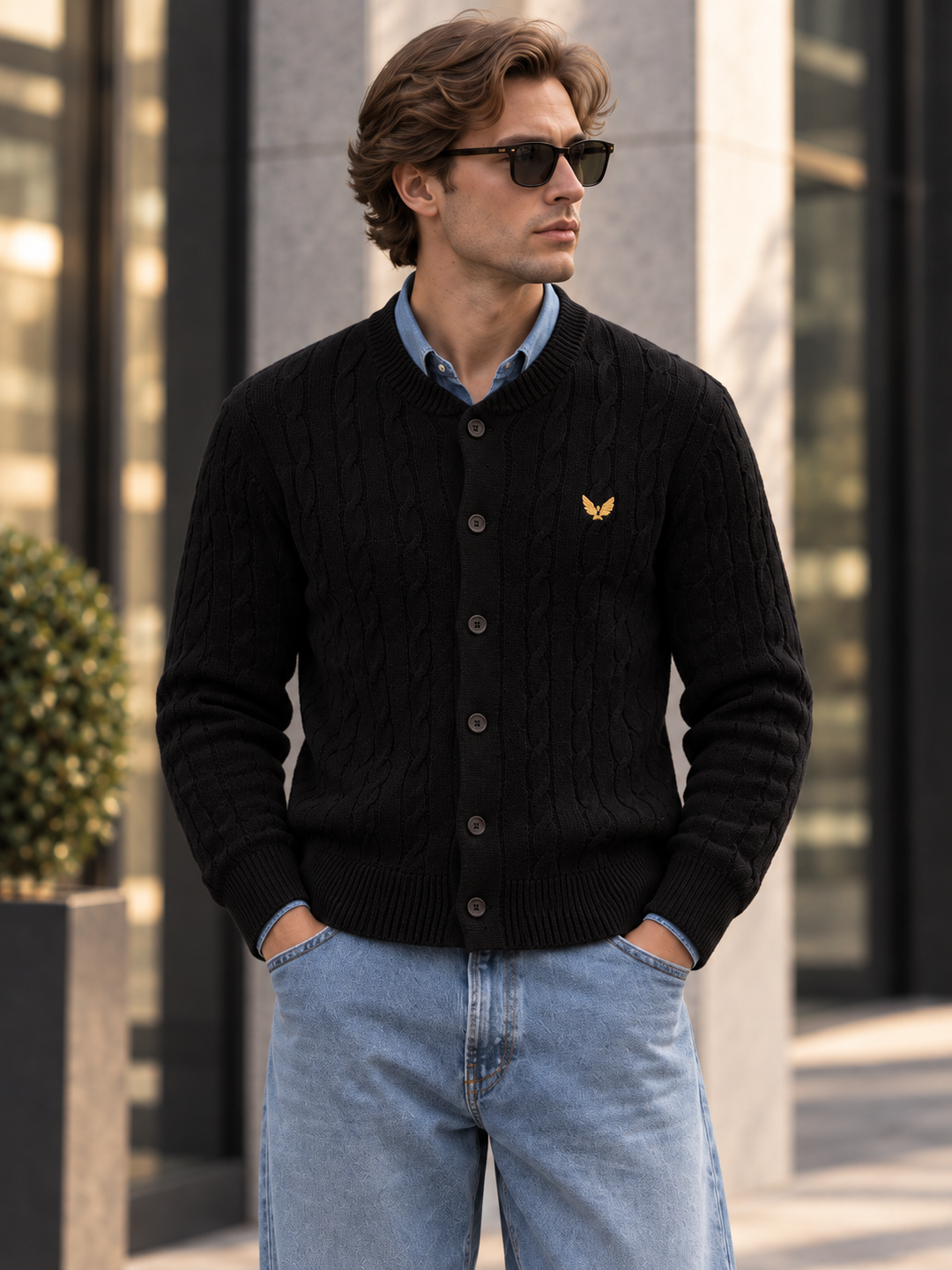 Cardigan da uomo abbottonato in maglia intrecciata