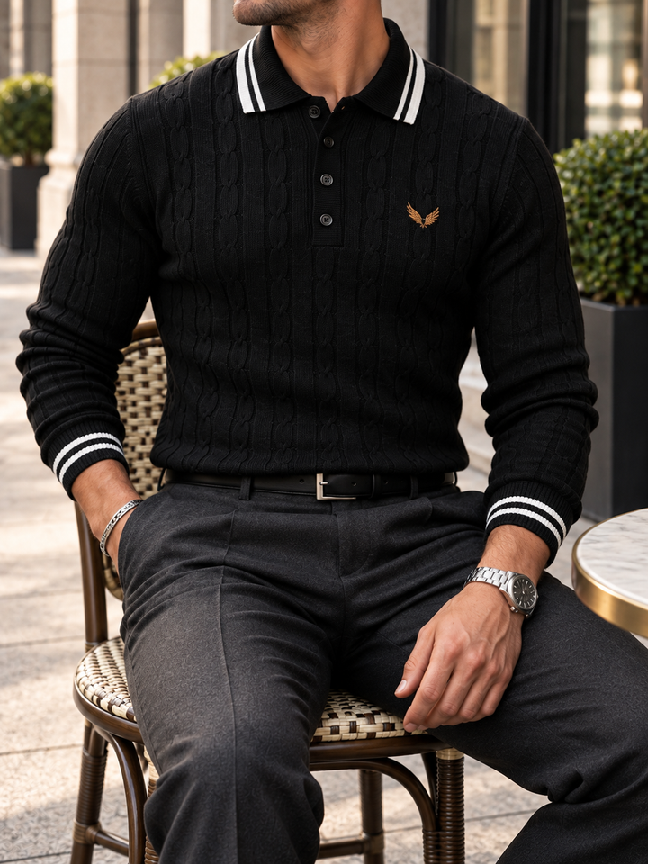 Pull Homme Col Polo Maille Torsadée Avec Liseré Contrastant