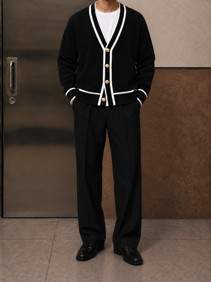 Cardigan Homme Col V Côtelé Avec Bordure Contrastante Et Boutons Dorés