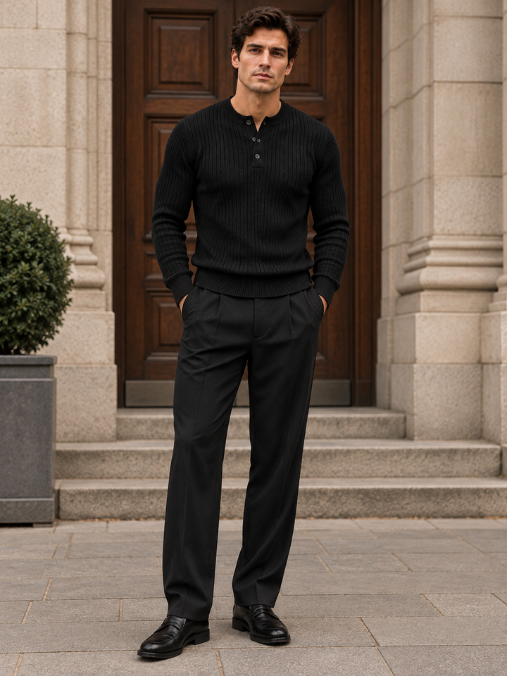 Maglione da uomo in maglia a coste con colletto abbottonato e maniche lunghe