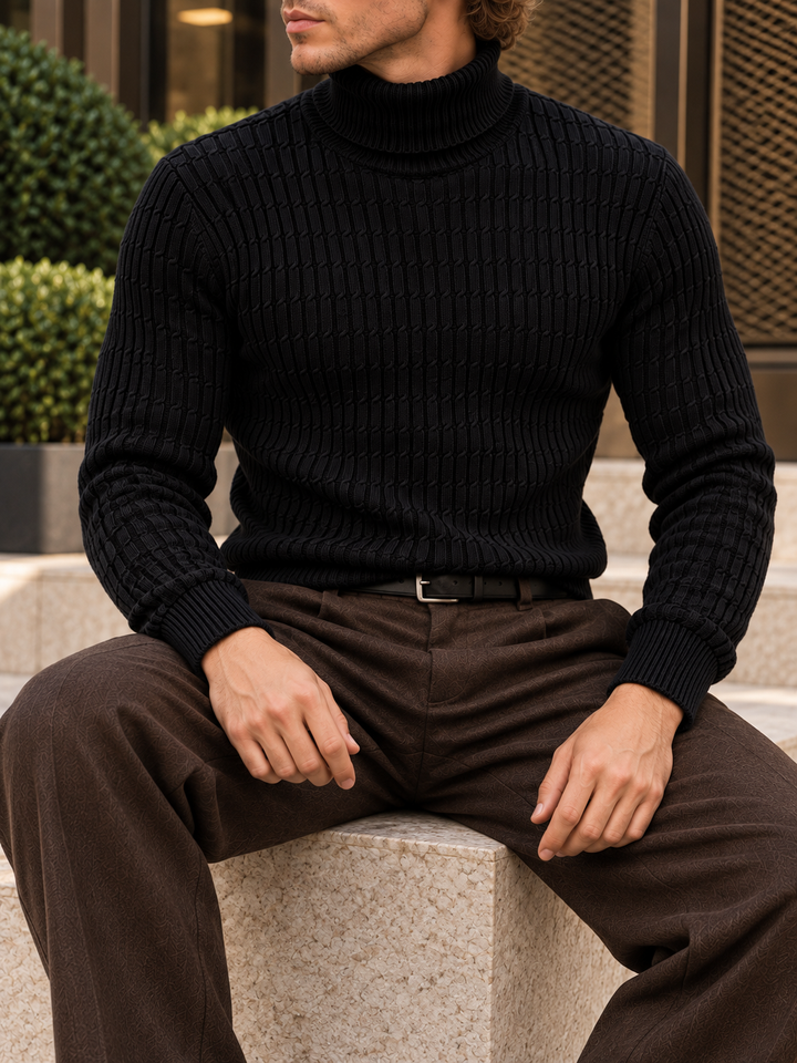 Pull Col Roulé Homme Côtes Verticales En Maille